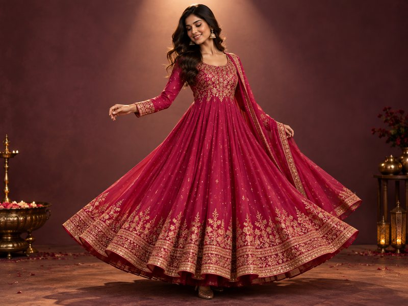 Model twirling in a deep rani pink embellished A-line suit