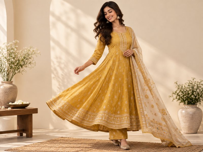 Model twirling in a mustard yellow embroidered Anarkali suit