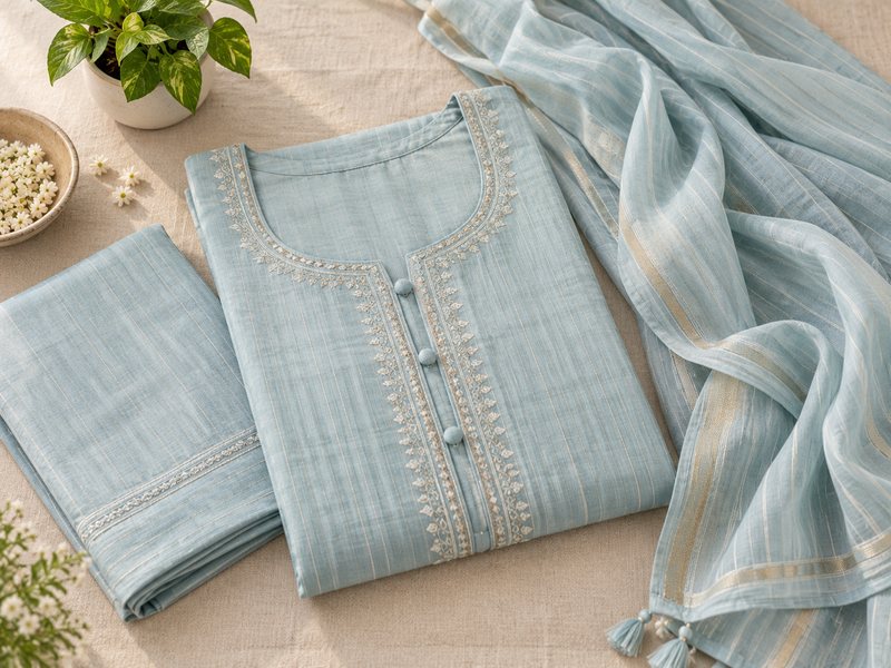 Pastel blue cotton suit set with gold-striped dupatta, folded flat