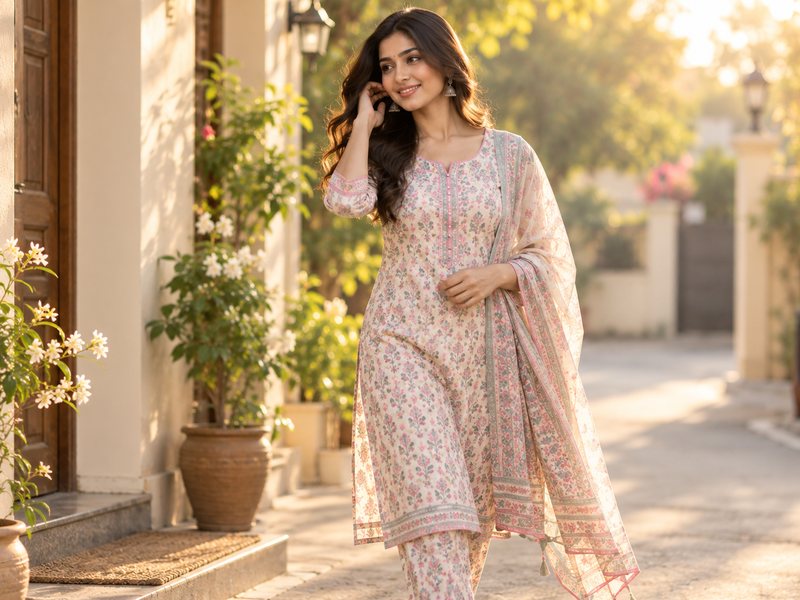 Model walking outdoors in a floral print daily-wear suit