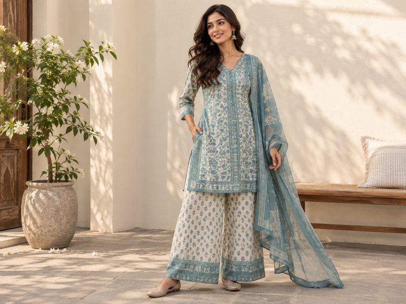 Model in a blue floral block-print palazzo suit set