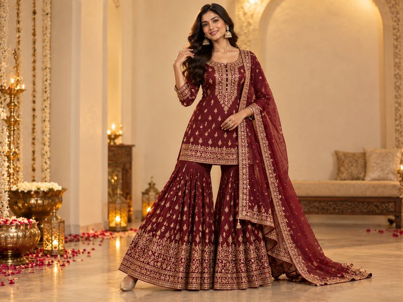 Model in a deep maroon embroidered sharara suit with flared pants