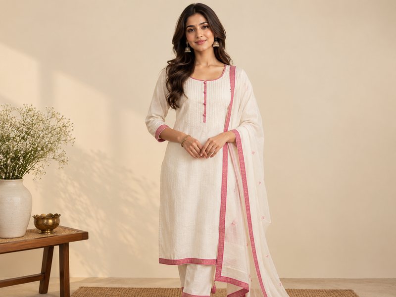 Model in an ivory straight-cut suit with pink border trim